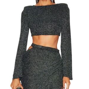 Michael Costello X Revolve Yolanda Green Shimmering Long Sleeve Crop Top Small